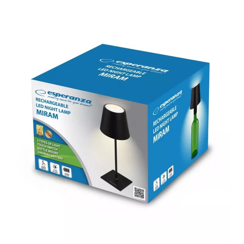 Stalinė LED lempa ESPERANZA ELD119K juoda — 3 W, 4000 K, 200 lm, USB-C, 2400 mAh baterija, 400 mm aukštis