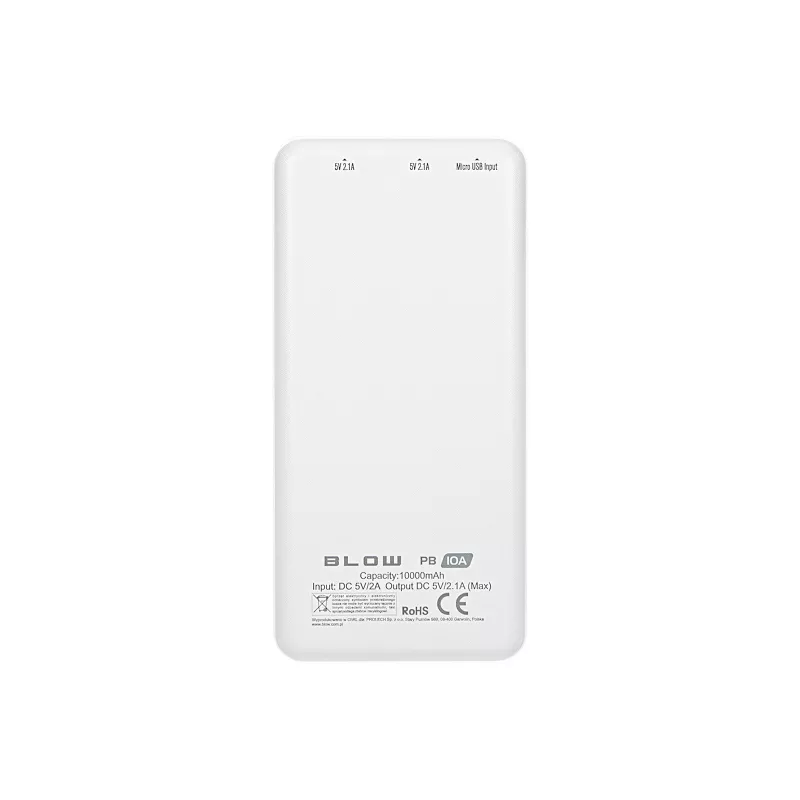 Nešiojamasis įkroviklis, išorinė baterija BLOW PB10A 10000mAh (37Wh), 2x USB-A išėjimai, 22.5W bendra galia, Micro‑USB įvestis, polimerinė baterija