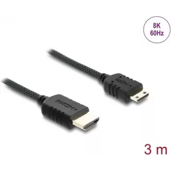 DELOCK HDMI laidas 3 m — Type A (vyriška) į Type C (Mini) (vyriška), 48 Gbit/s, iki 7680×4320, paauksuoti kontaktai, juodas