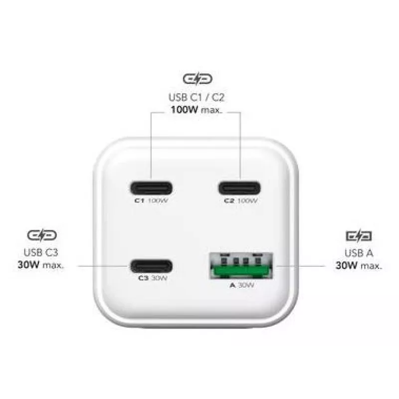 MediaRange MRMA124 mobiliojo įrenginio įkroviklis 100 W kintamoji srovė, 3x USB-C, 100–240 V įvestis, 1,5 m laidas, balta