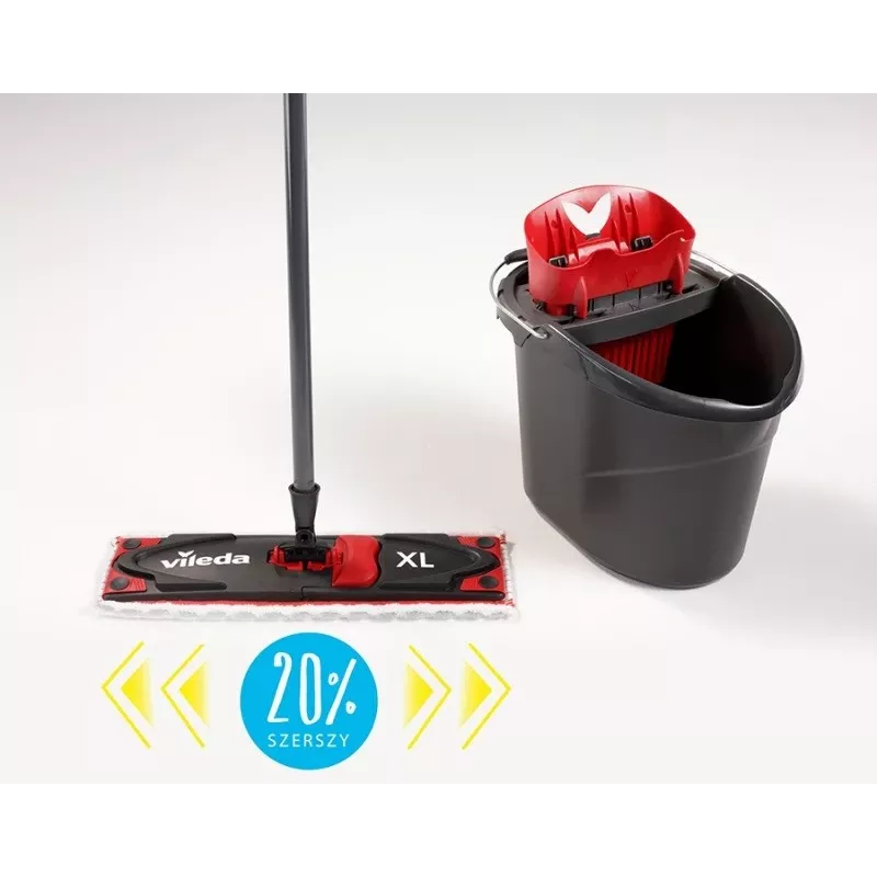 VILEDA šluota Ultramax XL Box — plaunamas mikropluošto 360° besisukantis antgalis, sulankstomas, kietoms grindims