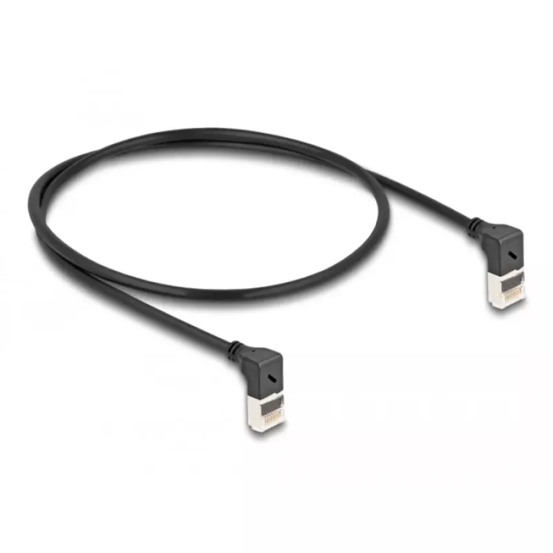 Tinklo laidas DeLOCK RJ45 Cat.6A S/FTP plonas 90° į viršų 0,5 m juodas