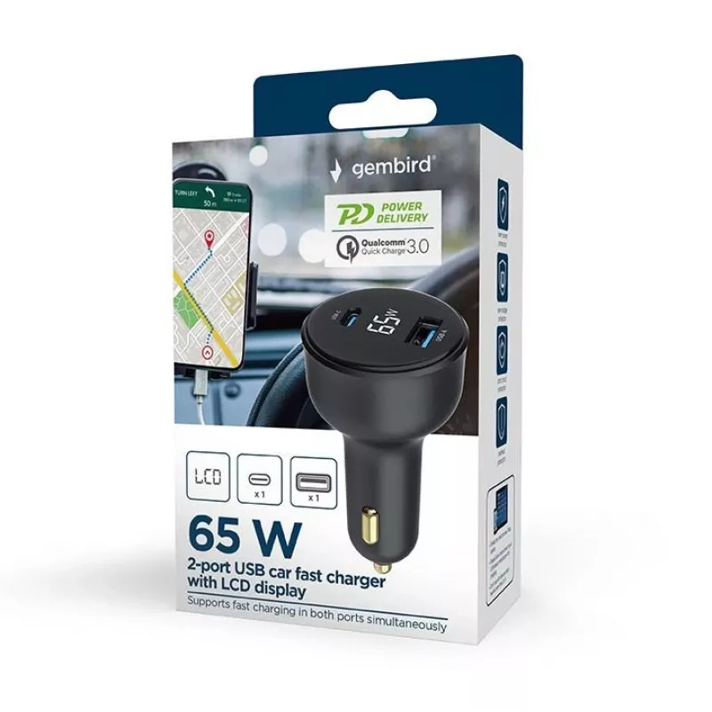 MOBILUSIS ĮKROVIKLIS AUTOMOBILIUI USB 2 PORT/TA-UC-AC2PD30LCD-CAR01 GEMBIRD