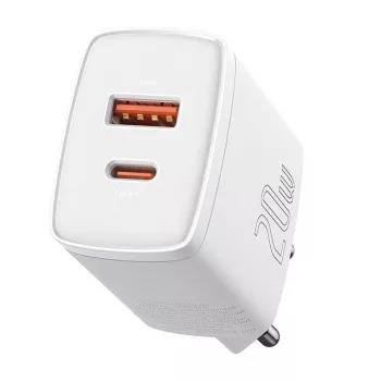Sieninis įkroviklis Baseus Compact 1x USB-A + 1x USB-C 3A, kompaktiškas kelioninis adapteris