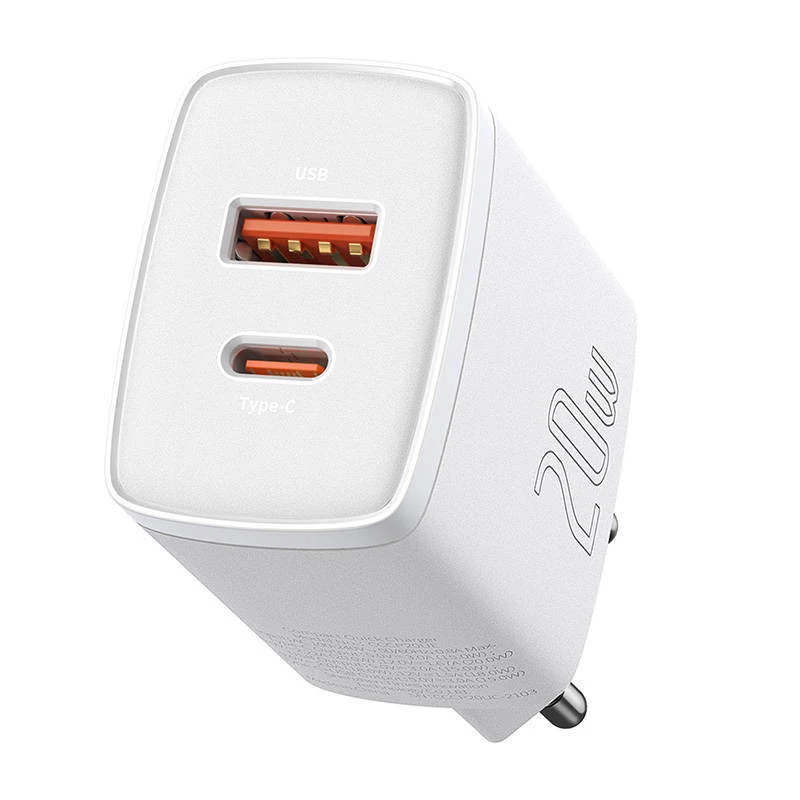 Sieninis įkroviklis Baseus Compact 1x USB-A + 1x USB-C 3A, kompaktiškas kelioninis adapteris
