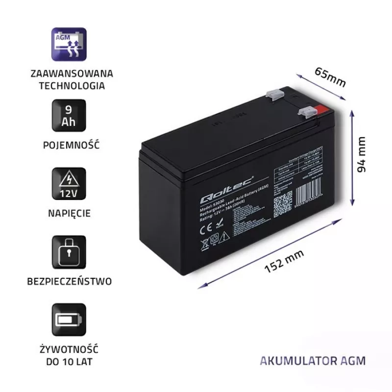 Nepertraukiamo maitinimo šaltinio baterija QOLTEC 53031 12V 9Ah žalia, 152×94×65 mm, 2,35 kg