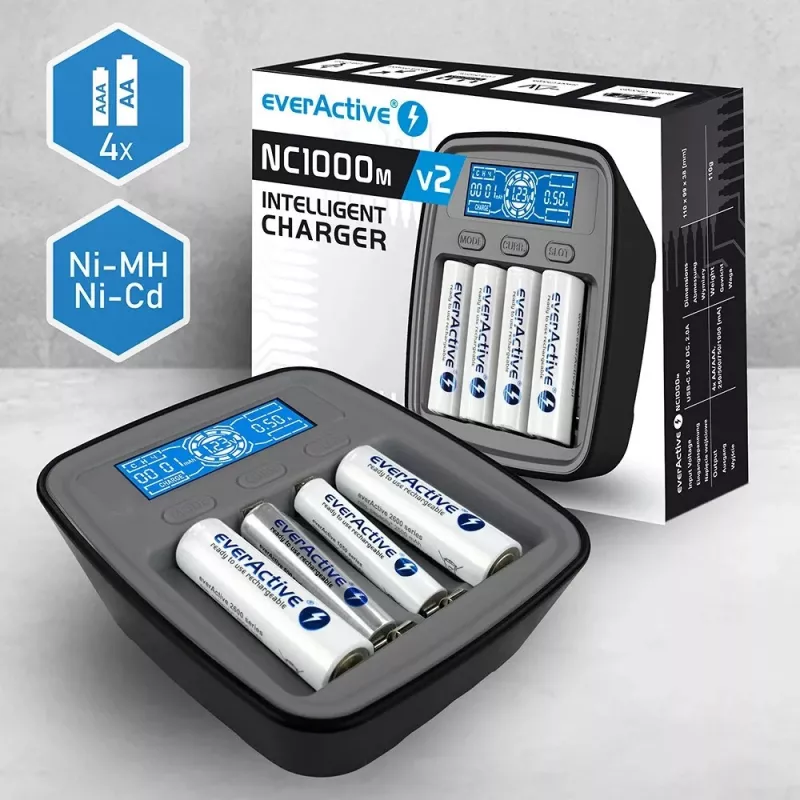 Baterijų įkroviklis everActive NC1000MV2 — Ni-MH 4 vietų USB-C įkroviklis, 4 elementai, 5V, juodas, 110×99×38 mm