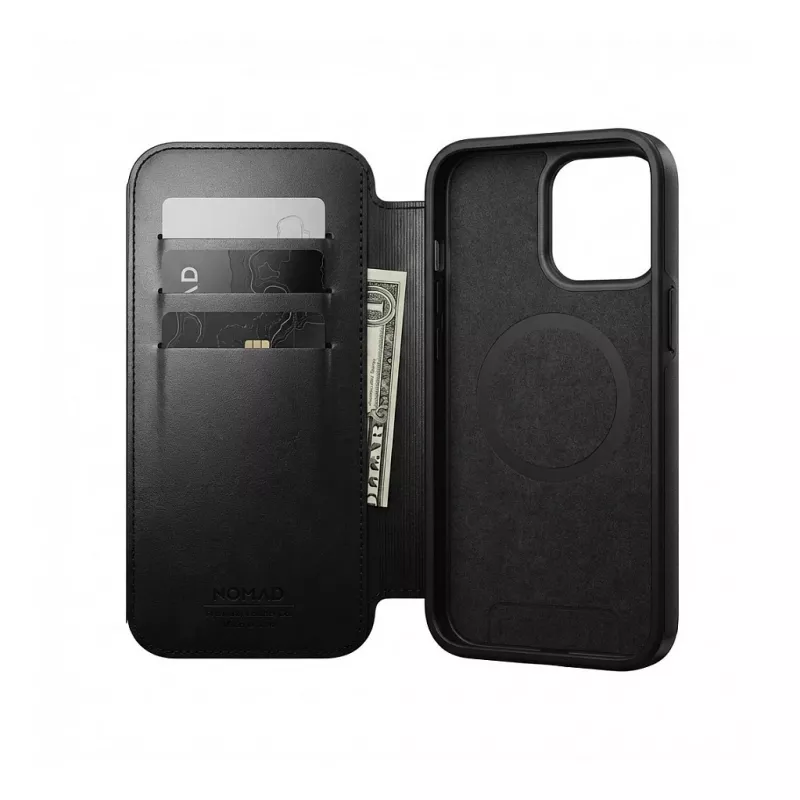 „Folio“ tipo dėklas „Nomad Modern Leather“, skirtas „iPhone 17 Pro Max MagSafe“ — „Horween“ oda, juodas