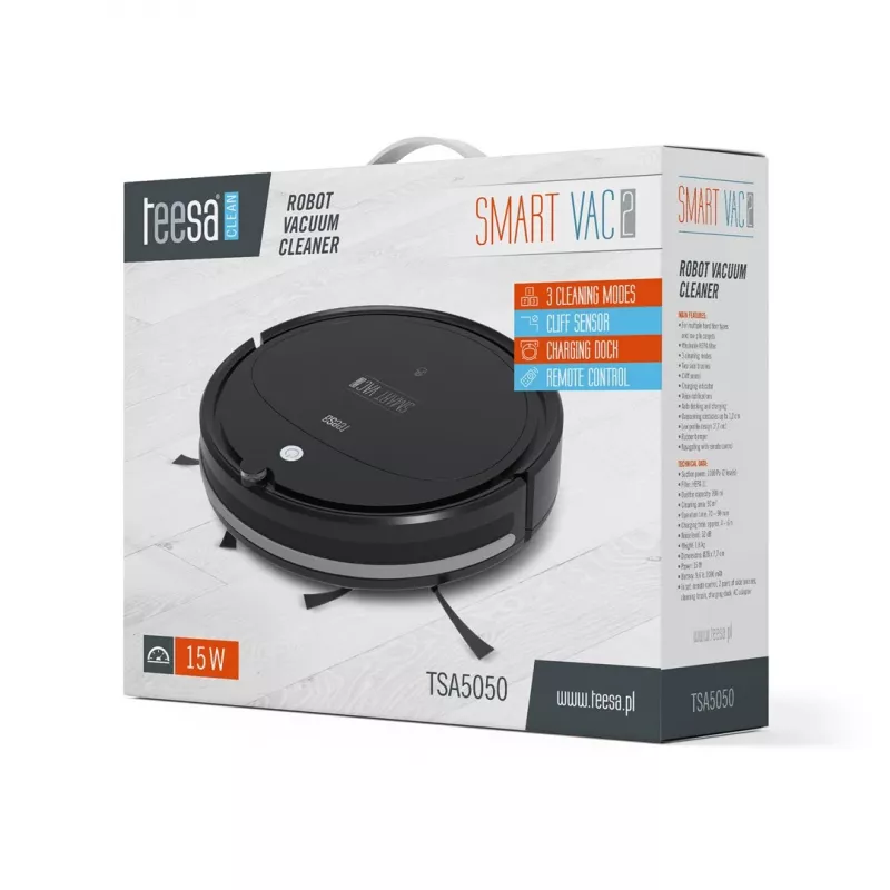 Robot vacuumeris TEESA Smart VAC 2 — apvalus, juodas, 1000 Pa siurbimo galia, 9,6 V/2000 mAh Li baterija, 0,2 L dulkių talpykla, Wi‑Fi, automatinis grįžimas