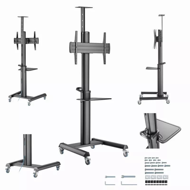 Ant grindų statomas televizoriaus stovas Gembird TVS-70T-02 37–70 colių ekranams, maks. 70 kg, VESA 200x200–600x400, pakreipimas ±5°/−12°, reguliuojamas aukštis, ratukai, kabelių valdymas