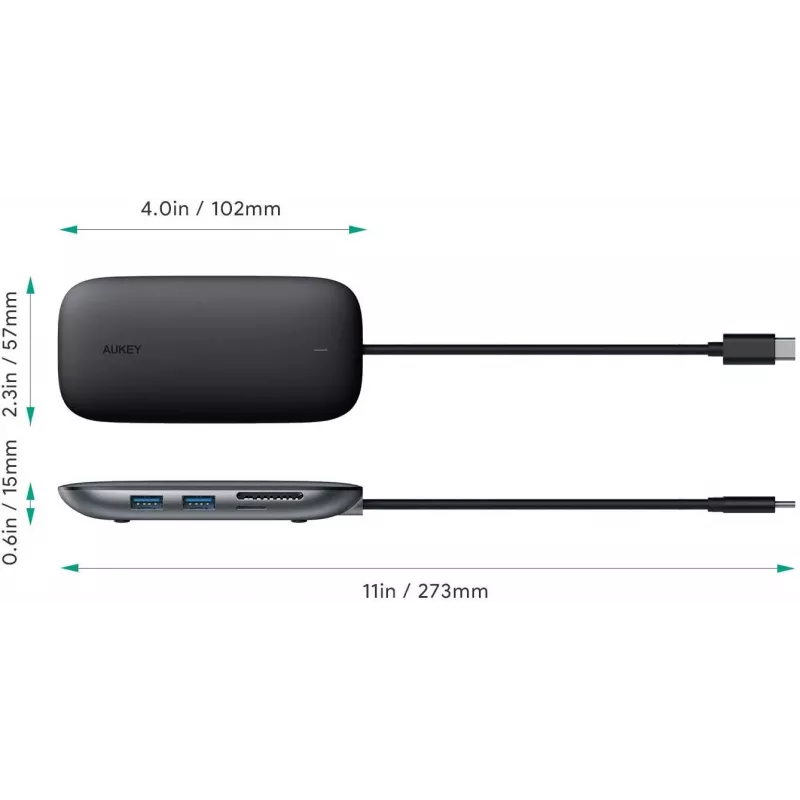 Nešiojamojo kompiuterio dokas AUKEY CB-C71 — 3x USB‑C (USB 3.2 Gen1), HDMI, RJ‑45, MicroSD, USB PD 100 W, 0,15 m kabelis, juodas