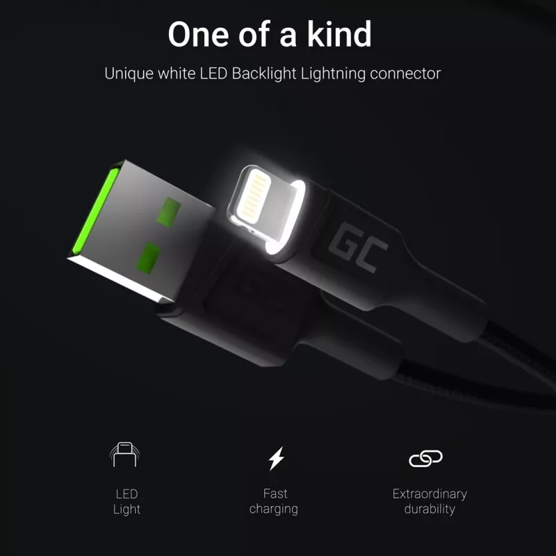 Lightning į USB-A laidas Green Cell KABGC12, 2 m, Lightning – USB A, juodas