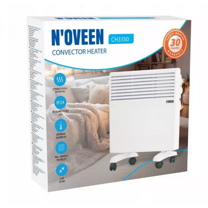 N'OVEEN 1000W elektrinis nešiojamas prie sienos tvirtinamas konvektoriaus šildytuvas su termostatu CH3350