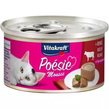 Šlapias kačių maistas Vitakraft Poésie Mousse Beef 85 g — vienos porcijos putėsiai su jautiena, visavertis maistas