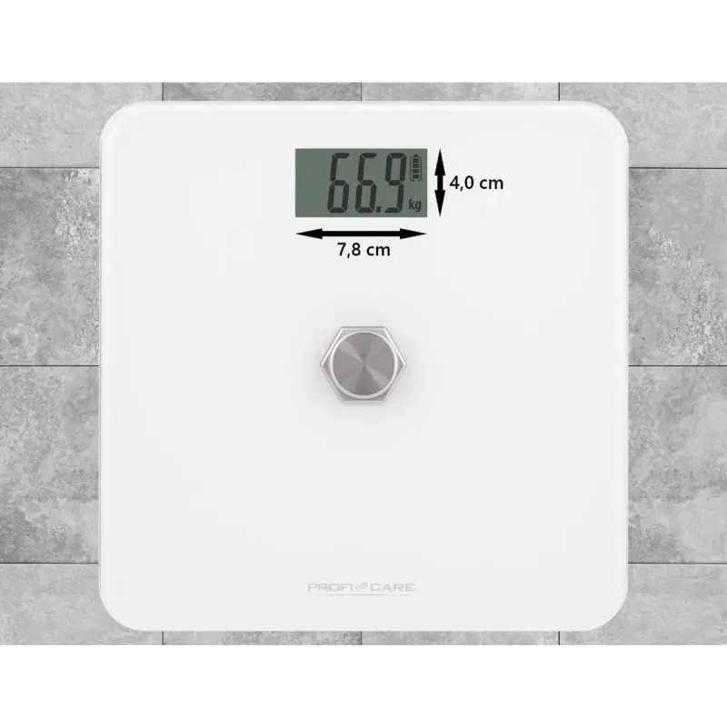 Elektroninės asmeninės svarstyklės Profi-Care PC-PW 3112 — 180 kg talpa, 100 g tikslumas, 310×310×44 mm, LCD ekranas
