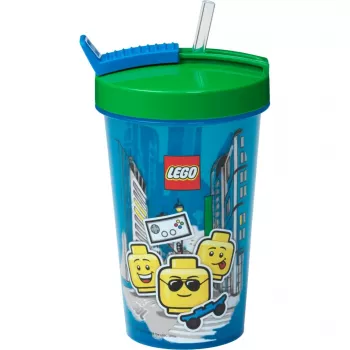 Room Copenhagen LEGO puodelis su šiaudeliu Iconic Boy ryškiai mėlynas (mėlyna/žalia, 500 ml)