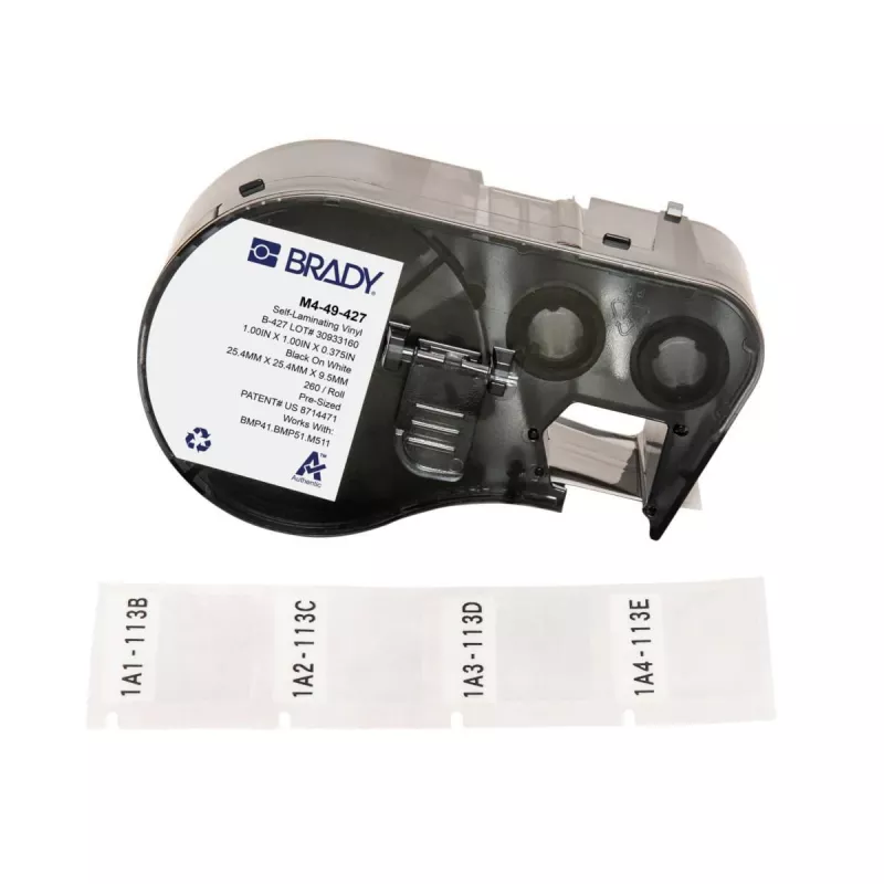“Brady”, M4-49-427, savaime laminuojantis vinilas, baltas/permatomas, 25,40 x 9,53(25,40) mm, nuolatinis, kabelio skersmeniui 2,70–5,10 mm (260 vnt.) (170750)