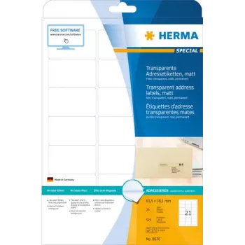 Adresų lipdukai HERMA skaidrūs matiniai A4 63,5x38,1 mm užapvalintais kampais plėvelė 525 vnt.
