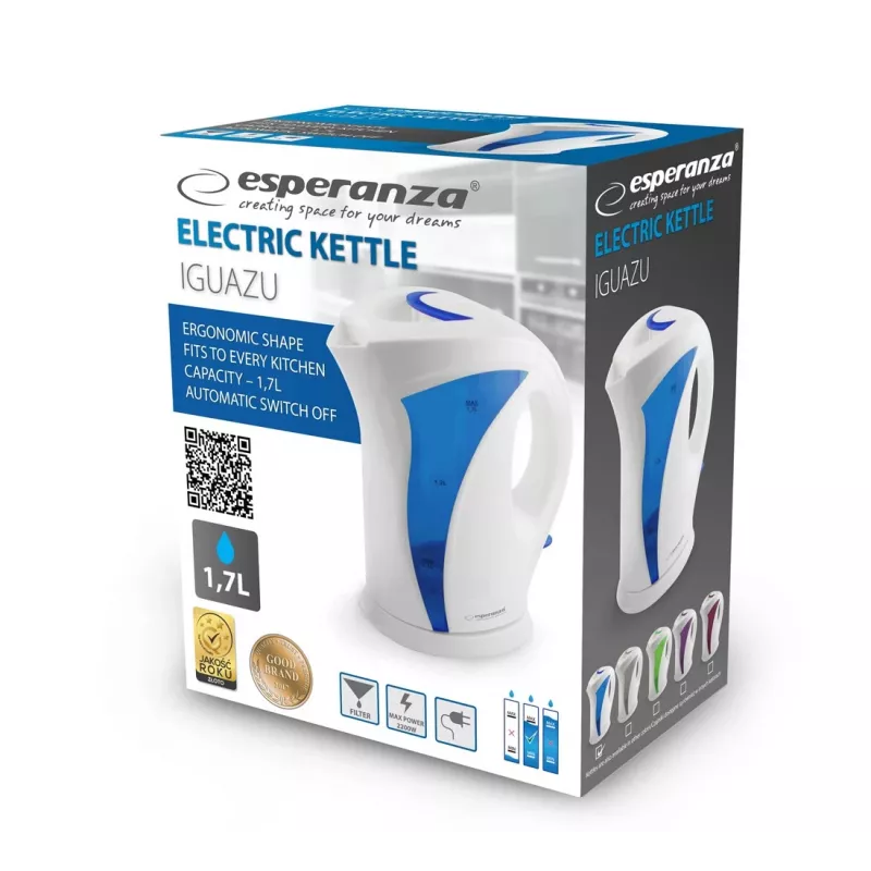 Esperanza EKK018B Electric kettle 1.7 L, Balta / Mėlyna