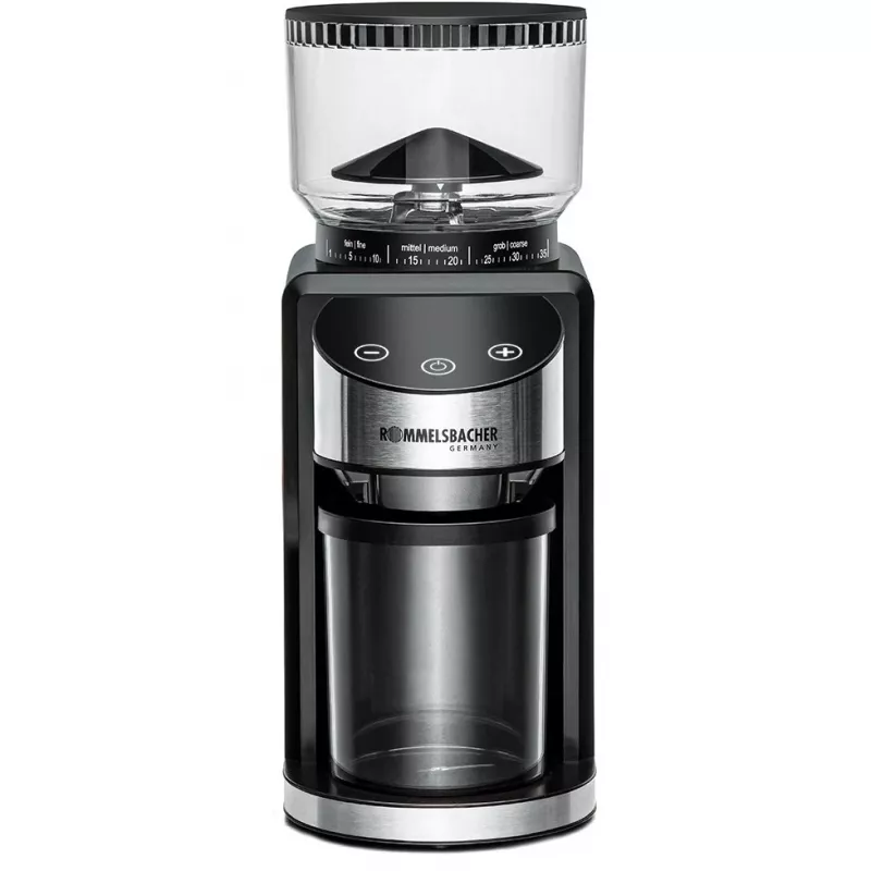 Burr grinder Rommelsbacher EKM 400 — kūginės nerūdijančio plieno malimo girnos, 35 malimo lygiai, 12 dozių, 130 g talpykla