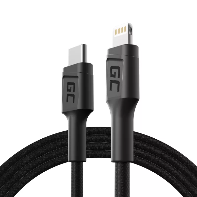 Lightning į USB-C laidą Green Cell KABGC07, 1 m, juodas, Lightning (kištukas) į USB-C (kištukas), 480 Mbps