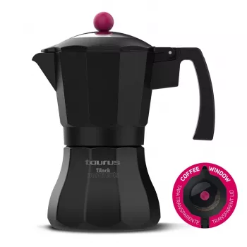 Moka puodas Taurus Juoda Moments 3 puodelių aliuminio, tinkamas indukcijai, nerūdijančio plieno dalys, šarnyrinis dangtis, juodas