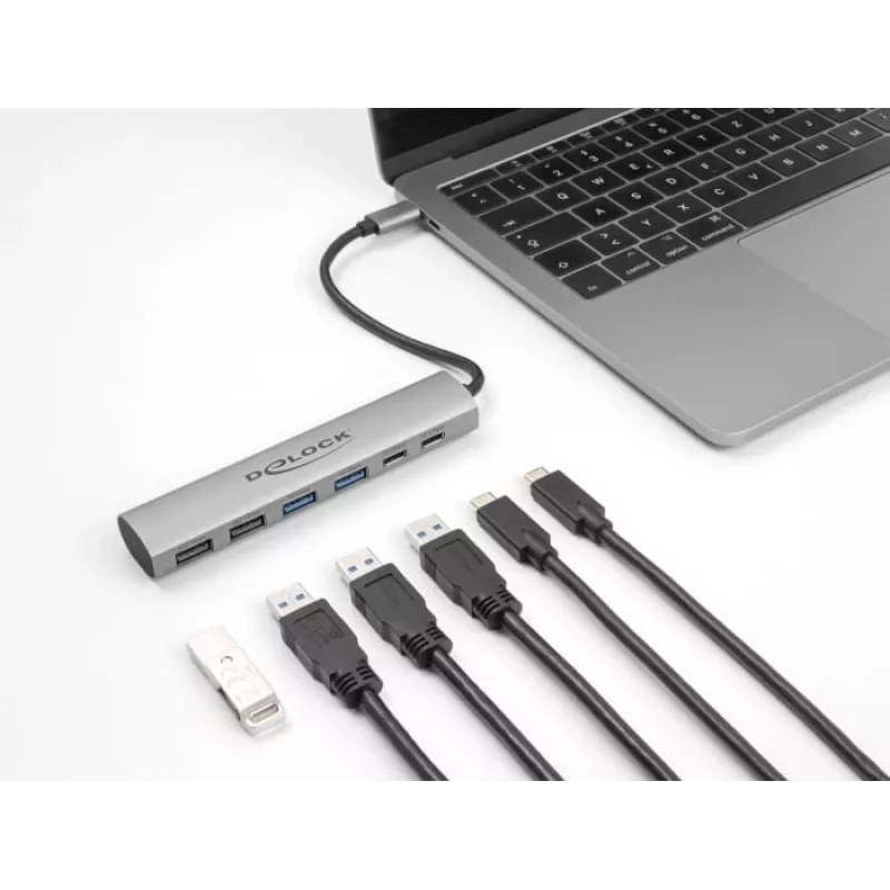 DeLOCK 64232 Nešiojamojo kompiuterio dokas Laidinis USB 3.2 Gen 1 Type-A Type-C Pilka