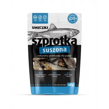 Šunų skanėstas UNISZKI Džiovintos šprotės 40 g – vieno ingrediento monoproteininis žuvies užkandis šunims, tinkantis visoms veislėms