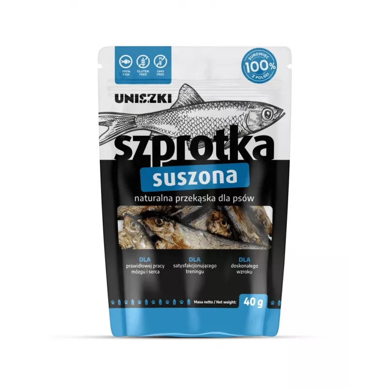 Šunų skanėstas UNISZKI Džiovintos šprotės 40 g – vieno ingrediento monoproteininis žuvies užkandis šunims, tinkantis visoms veislėms
