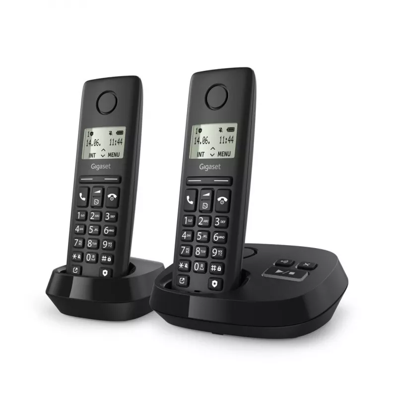 Belaidis analoginis/DECT telefonas Gigaset PURE 100A Duo — 2 rageliai, garsiakalbis, skambučio identifikavimas, 1,5 colio ekranas, juoda