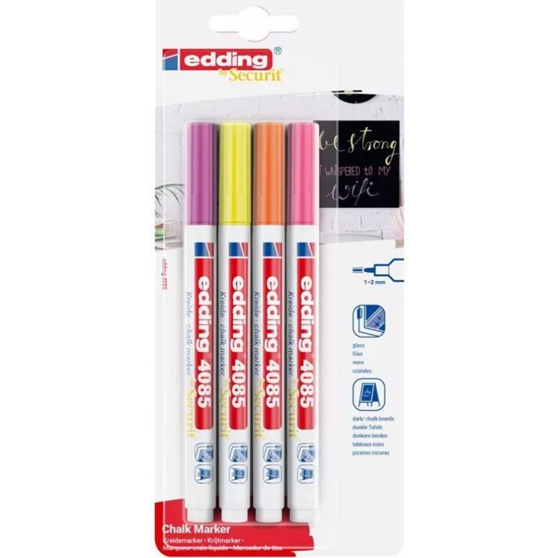 Marker Edding 4085/4N — kreidinis žymeklis 1–2 mm, neoninis, 4 vnt. rinkinys