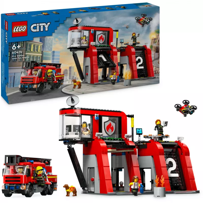 Konstruktorius LEGO City gaisrinė su sukiojamų kopėčių automobiliu 60414 — 843 detalės, 5 minifigūrėlės, 220×320×140 mm