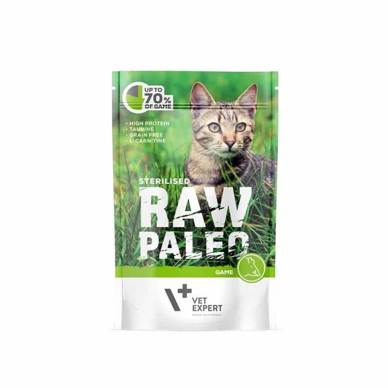 Šlapias kačių maistas VETEXPERT RAW PALEO Adult Sterilised Game 100 g — elniena, be grūdų, turinčioms antsvorio polinkį