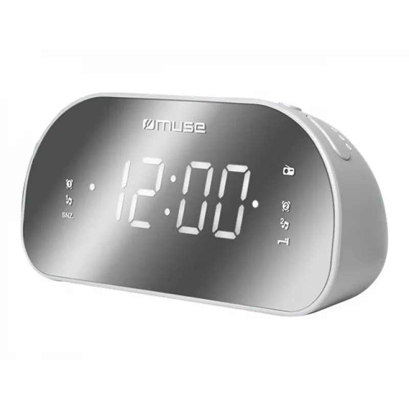Radijo laikrodis Muse M-170CMR — skaitmeninis radijo laikrodis, 1,2 colio LED ekranas, FM, AC 230V, AAA atsarginė baterija, veidrodinis/baltas