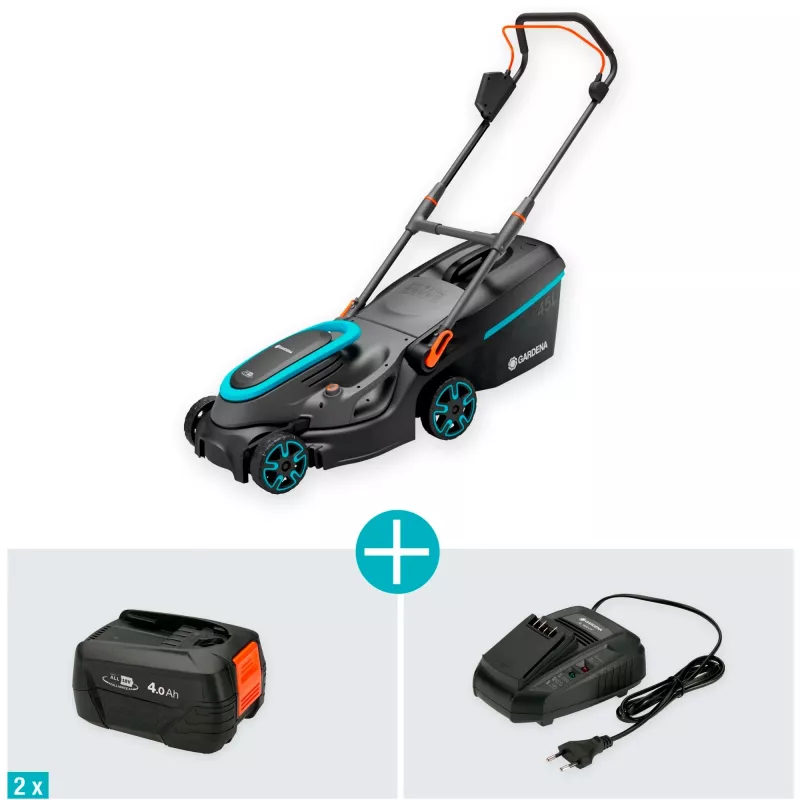Akumuliatorinė vejapjovė PowerMax 37/36V P4A paruošta naudoti rinkinys, 36 voltų (2x18V) (juoda/pilka, 2x ličio jonų baterija 4,0Ah, POWER FOR ALL ALLIANCE)