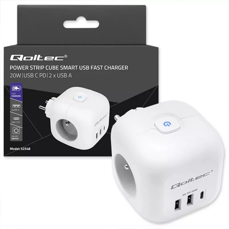 Maitinimo lizdų blokas QOLTEC 52548 su 3×AC lizdais ir USB prievadu