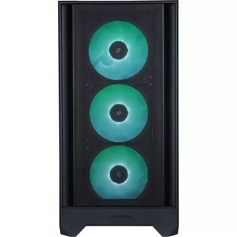 PC korpusas Silentware Flow 110 A-RGB Juoda — midi bokštas, grūdinto stiklo šoninis dangtis