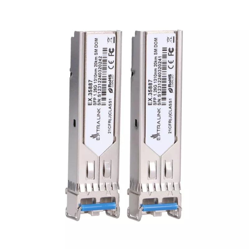 Extralink SFP 1,25G modulis, 2 vnt. pakuotėje, 1,25 Gbps, LC/UPC, 1310 nm, 20 km, vienmodis, DOM