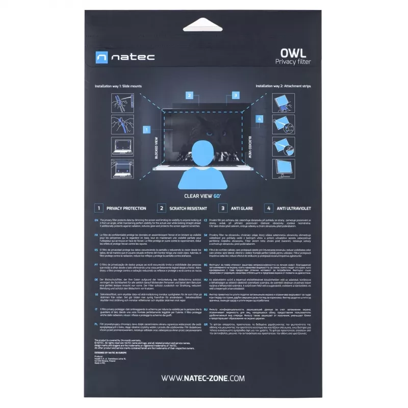 Berėmės ekrano privatumo filtras NATEC Owl 24 colių (61 cm) LCD monitoriui, 531 x 298 mm, 16:9, suderinamas su jutikliniu ekranu