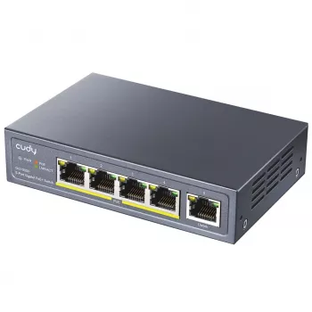 Tinklo komutatorius Cudy GS1005P — 5 prievadų Gigabit Ethernet su 4 PoE prievadais, 60W bendra galia, metalinis korpusas, montuojamas į stovą