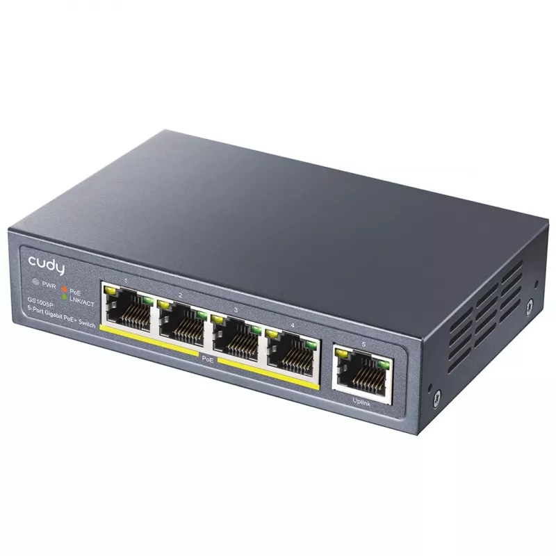 Tinklo komutatorius Cudy GS1005P — 5 prievadų Gigabit Ethernet su 4 PoE prievadais, 60W bendra galia, metalinis korpusas, montuojamas į stovą