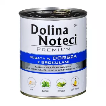 Šlapias šunų maistas dolina noteci Premium — menkė ir brokoliai, 800 g, suaugusiems šunims, be grūdų, be glitimo
