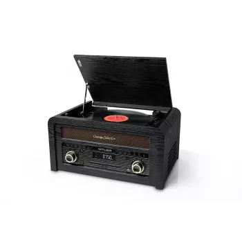 Patefonas muse MT-115 W — juoda/auksinė, 33-45-78 RPM, J formos tonearas, sukamasis garsumas, 240 V kintamoji srovė