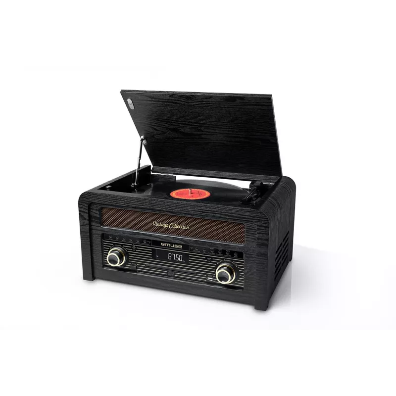 Patefonas muse MT-115 W — juoda/auksinė, 33-45-78 RPM, J formos tonearas, sukamasis garsumas, 240 V kintamoji srovė