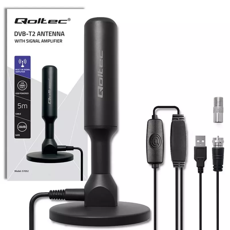 TV antena QOLTEC DVB-T2 28 dBi su signalo stiprintuvu, vidaus/lauko priėmimui