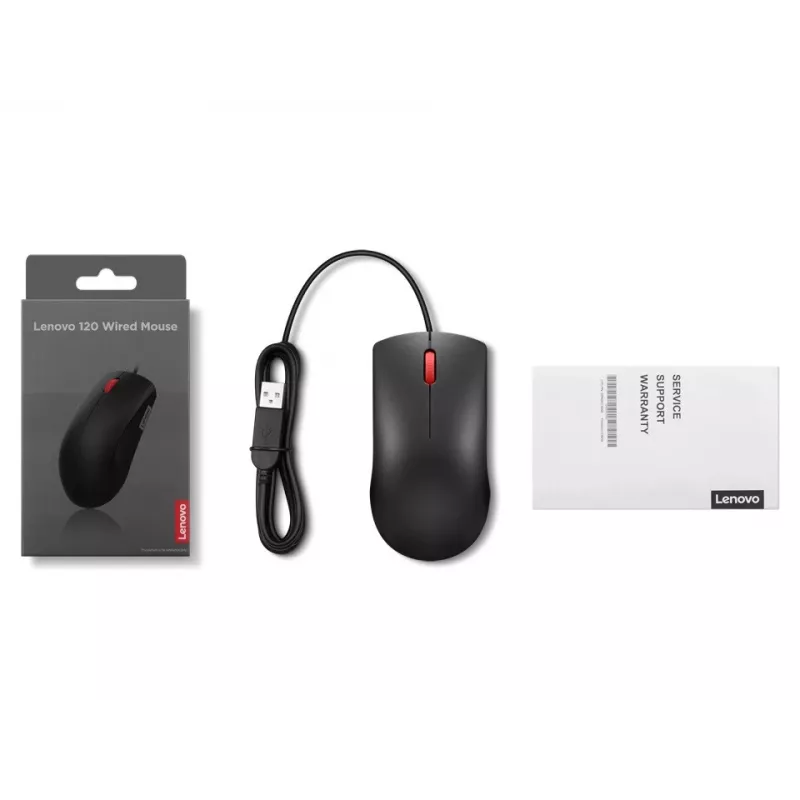 Laidinė USB-A pelė Lenovo 120 — juoda, abiem rankoms tinkama, 1600 DPI, 3 mygtukai, 1,5 m laidas