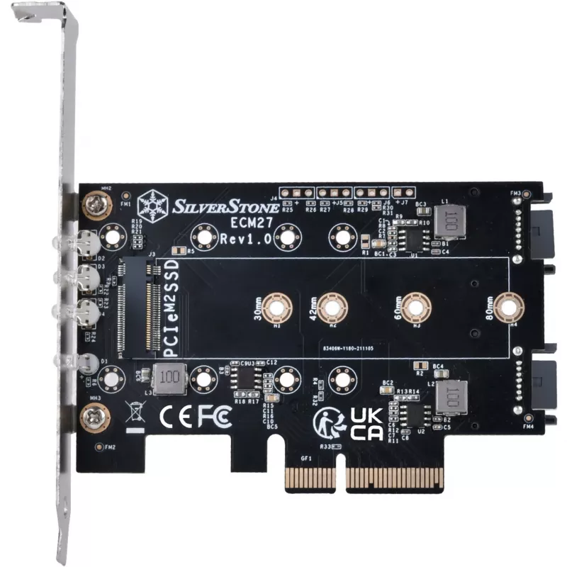 Silverstone SST-ECM27 M.2/SATA adapterio kortelė, PCIe 4.0, 1x M-Key, 2x SATA 6G - žemo profilio