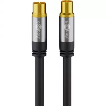 Goobay TV antenos kabelis (135 dB tipo), 4x ekranuotas, 2 m, juodas - auksuotas, Koax lizdas > bendraašis kištukas (70367)