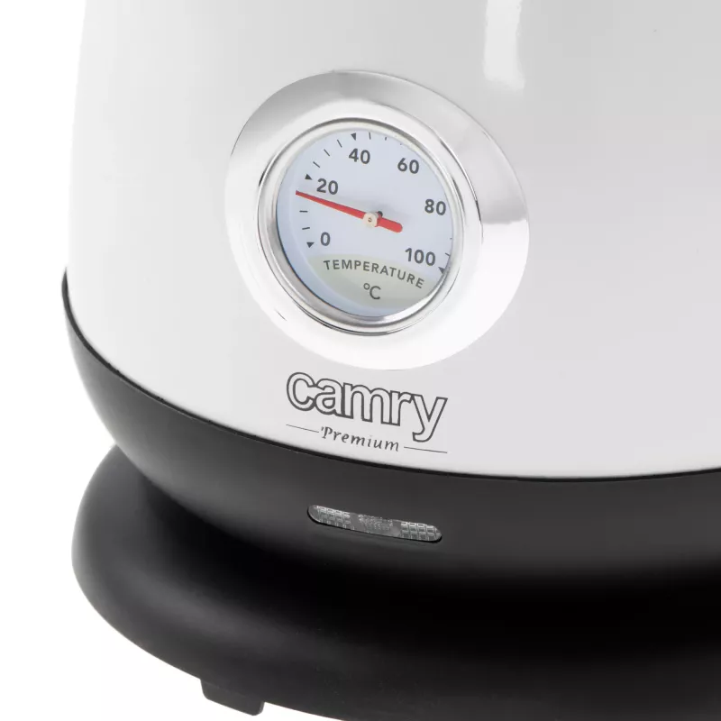 Elektrinis virdulys Camry CR 1344 — 1,7 l, 2200 W, nerūdijantis plienas, įmontuotas termometras, 360° pagrindas, baltas