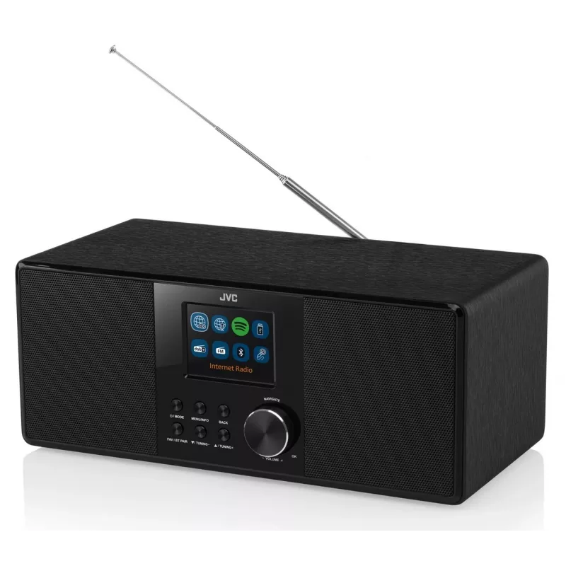 Internet radijas JVC RA-E981B — Wi‑Fi ir Bluetooth transliacija, DAB+, FM, 2×5W, 40 išankstinių nuostatų, USB, AUX, LCD ekranas